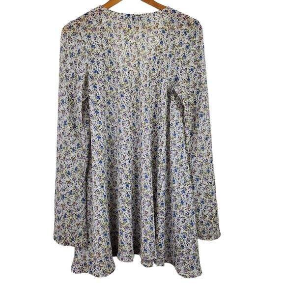 For Love & Lemons Ivory Blue Purple Floral Long Sleeve Sheer Dress L - Picture 2 of 4